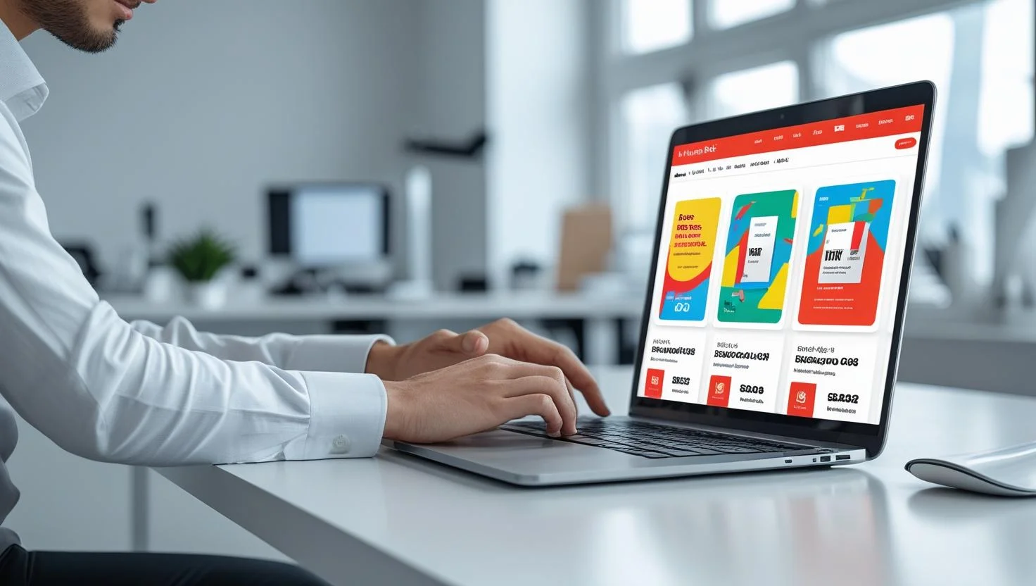 Designer creating visual content on laptop as part of effective marketing and advertising design process