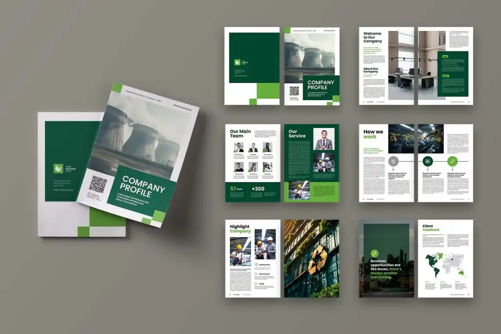 Business company profile with services and contact information